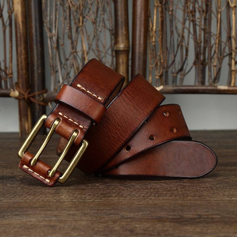 Brown men's double prong leather belt — texture detail