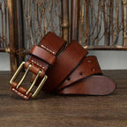 Brown men's double prong leather belt — texture detail