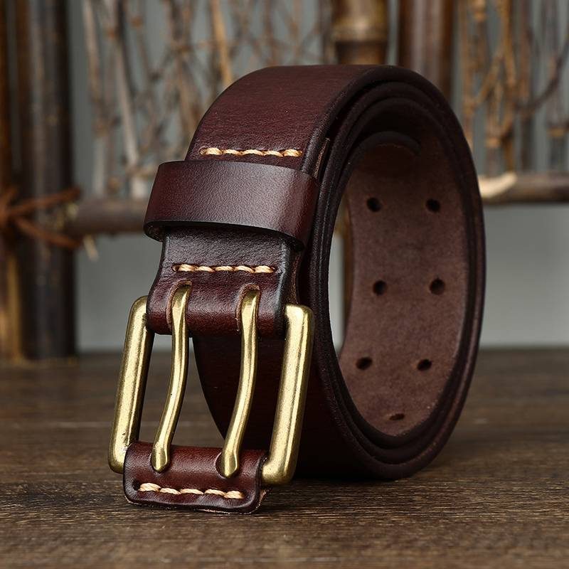 Dark brown men's double prong leather belt — studio shot