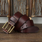 Dark brown men's double prong leather belt — buckle detail