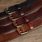Dark brown men's double prong leather belt — flat lay