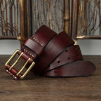 Dark brown men's double prong leather belt — texture detail