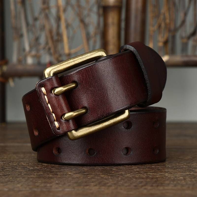 Dark brown men's double prong leather belt — coiled belt