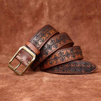 Brown men's embossed leather belt — flat lay