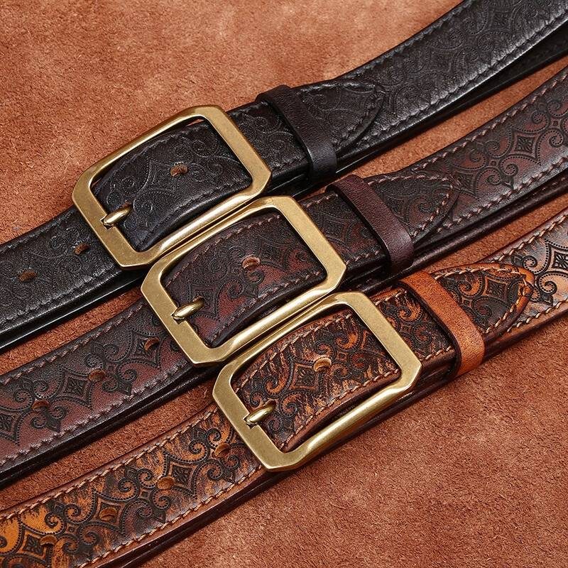 Brown men's embossed leather belt — texture detail