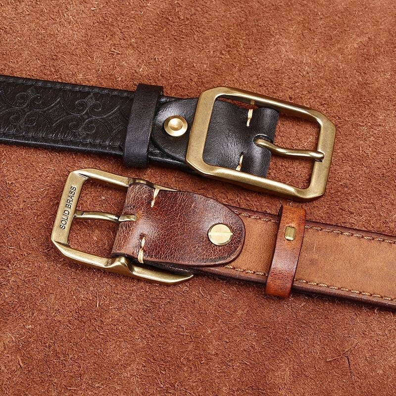 Brown men's embossed leather belt — coiled belt