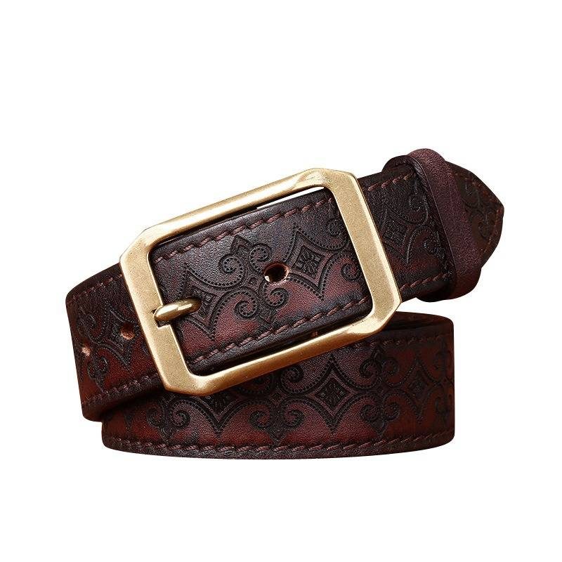 Dark brown men's embossed leather belt — coiled belt