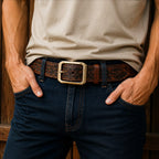 Dark brown men's embossed leather belt — studio shot
