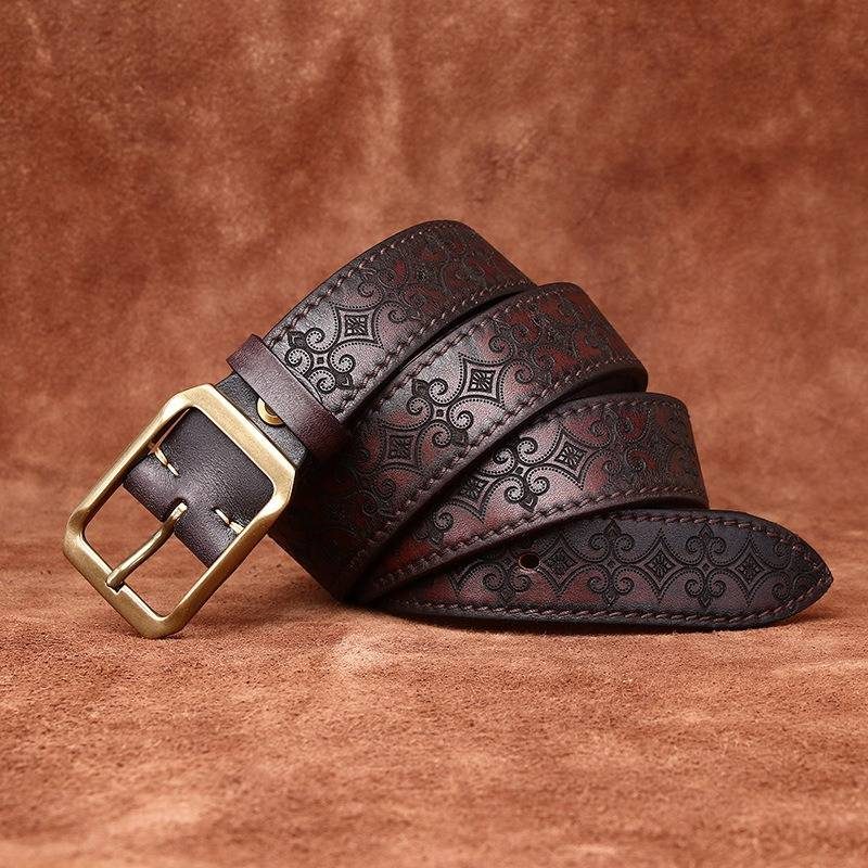 Dark brown men's embossed leather belt — texture detail