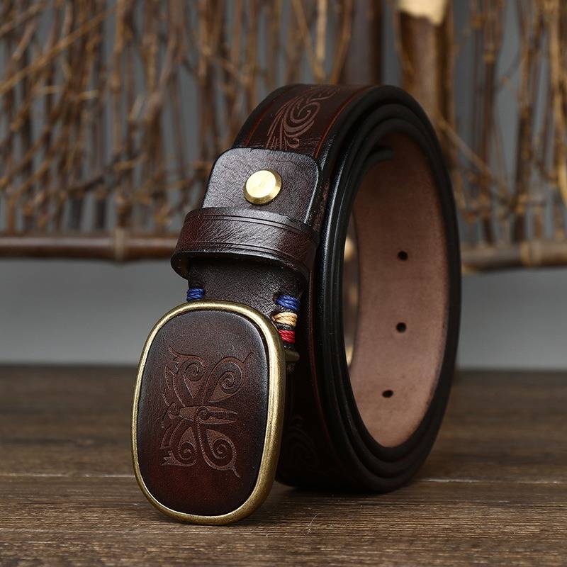 Dark brown men's belt, scrollwork detail