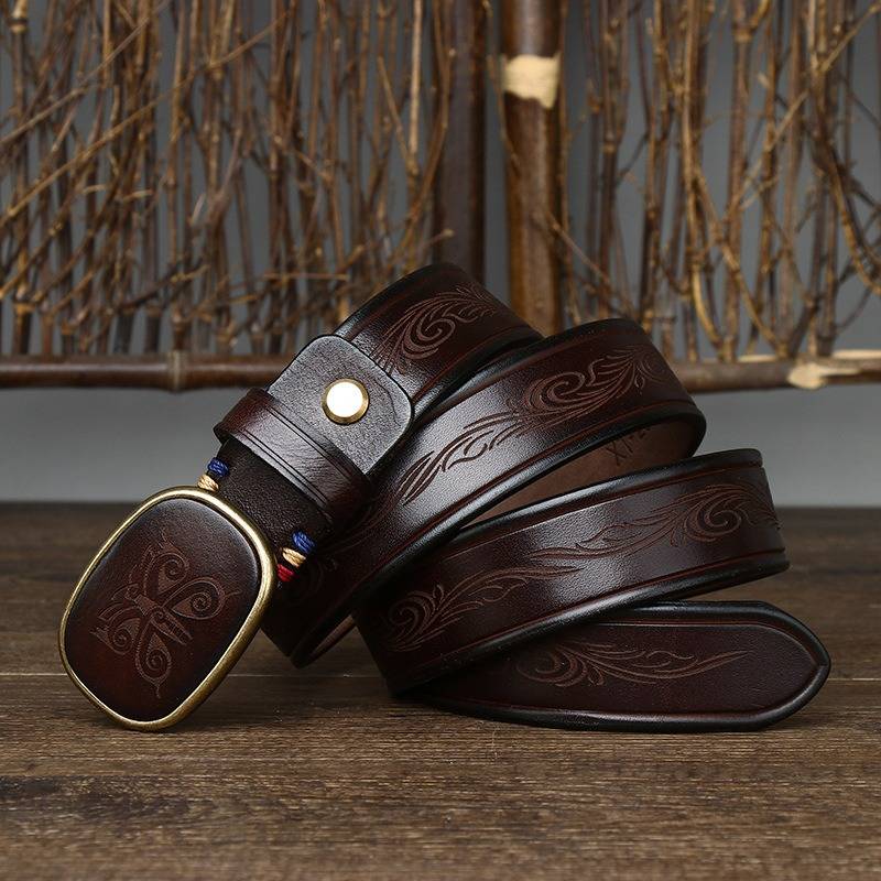 Dark brown men's belt, embossed pattern