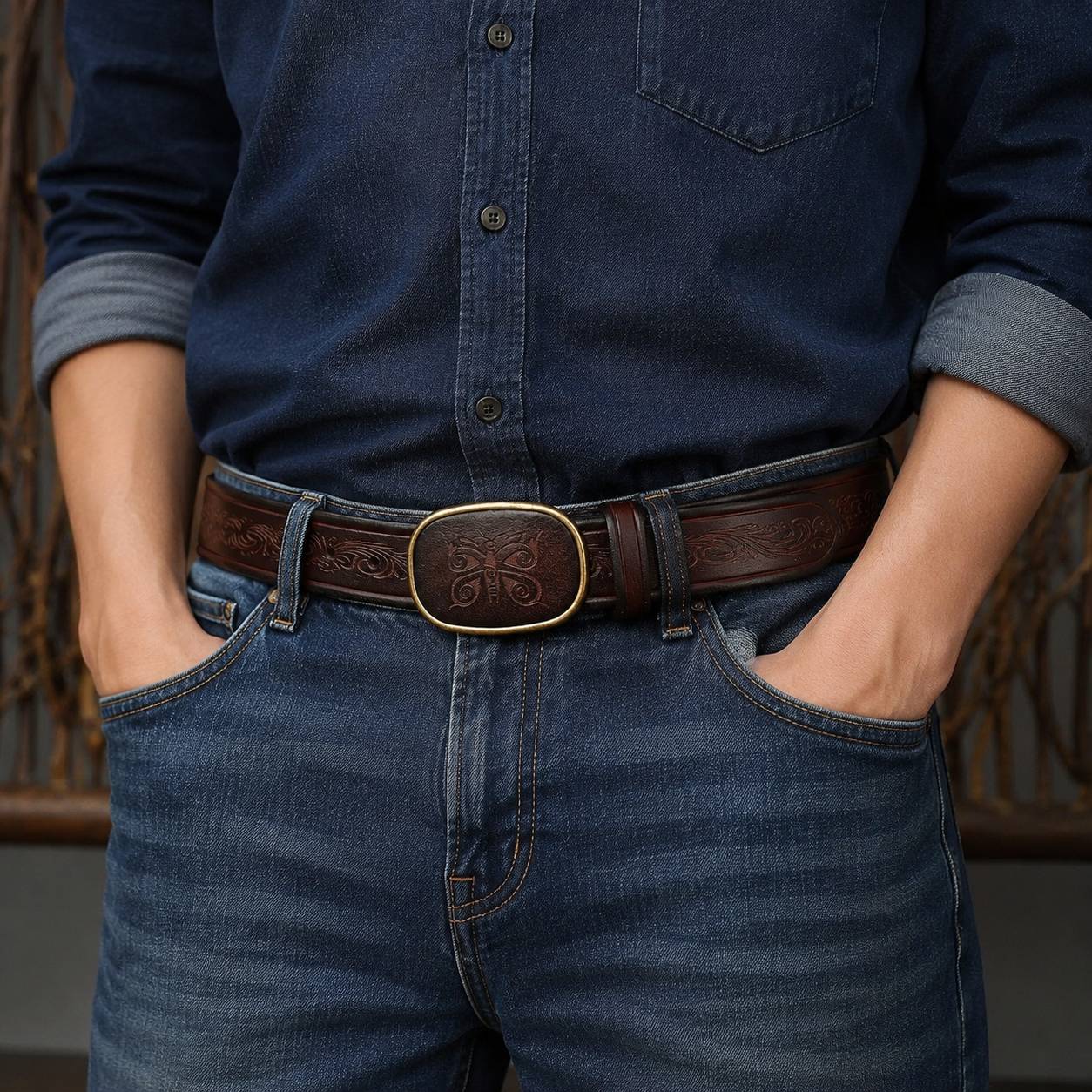Dark brown men's belt, coiled view
