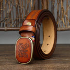Red brown men's belt, plaque buckle