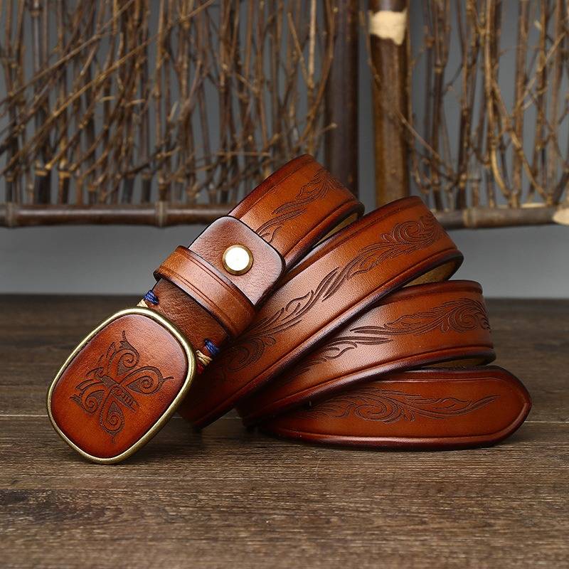 Red brown men's belt, scrollwork detail