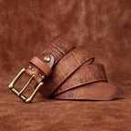 Brown men's jeans leather belt — flat lay