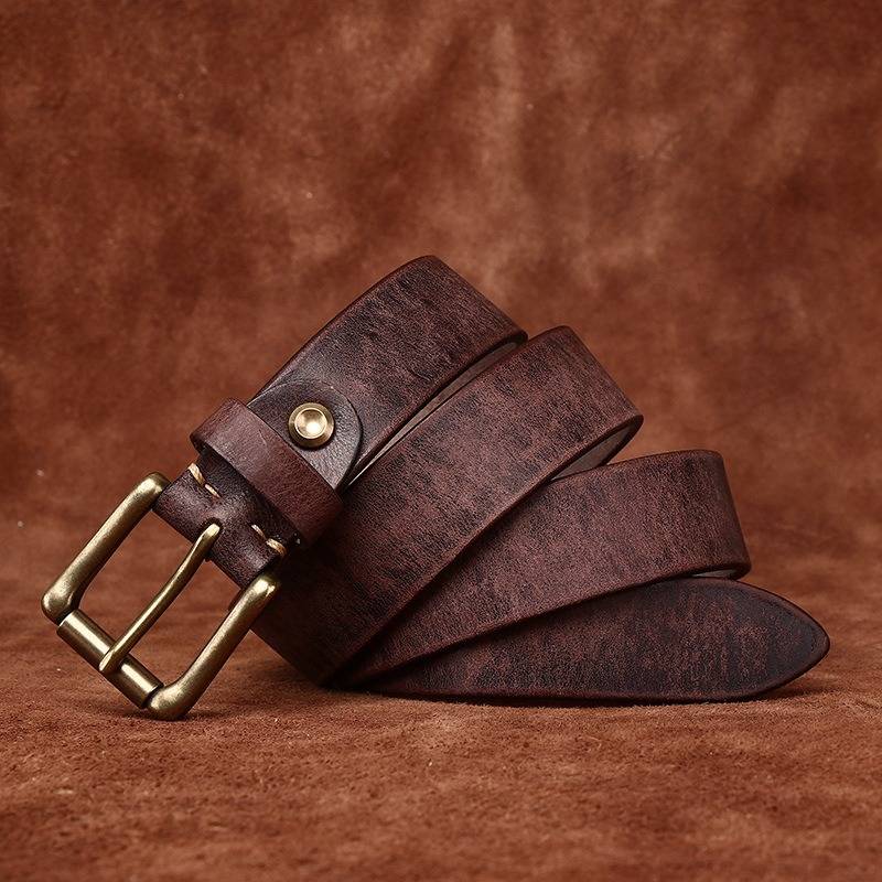 Dark brown men's jeans leather belt — studio shot