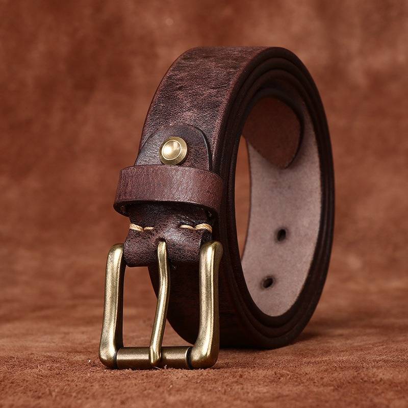 Dark brown men's jeans leather belt — buckle detail