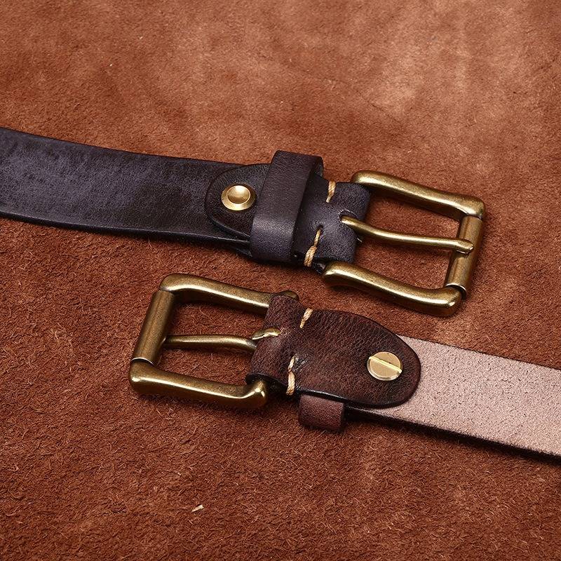Dark brown men's jeans leather belt — flat lay