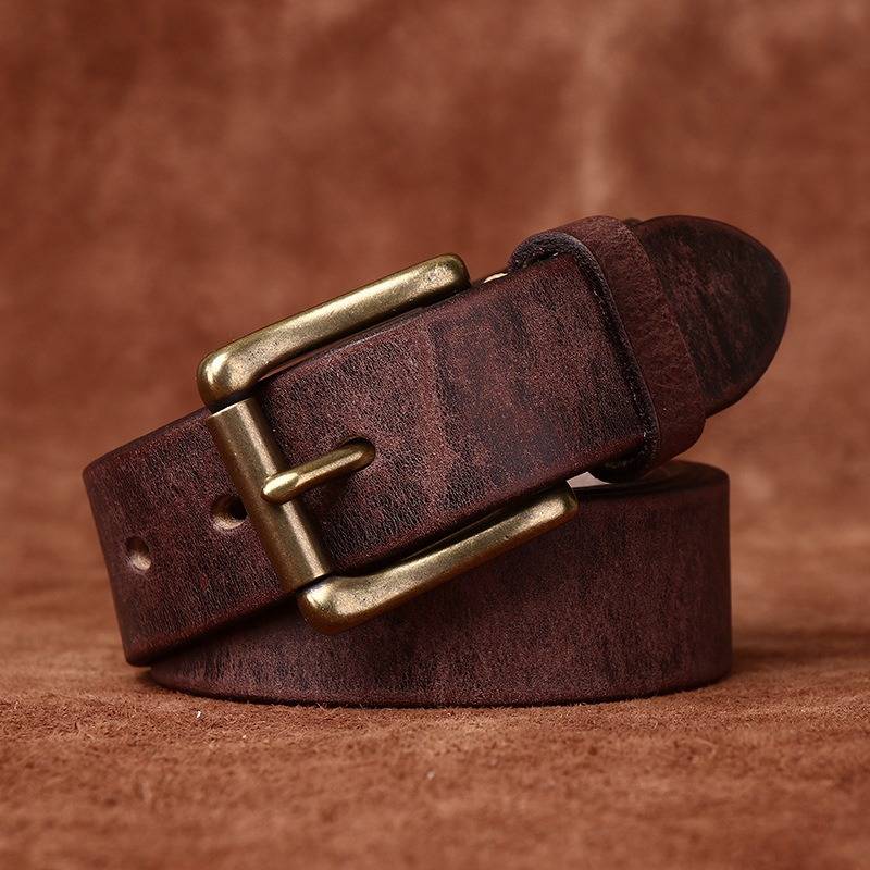 Dark brown men's jeans leather belt — texture detail