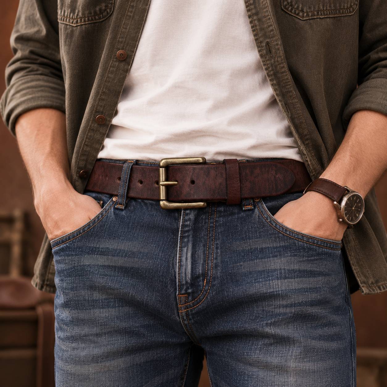 Dark brown men's jeans leather belt — coiled belt