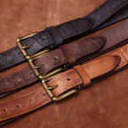 Dark brown men's jeans leather belt — buckle and strap