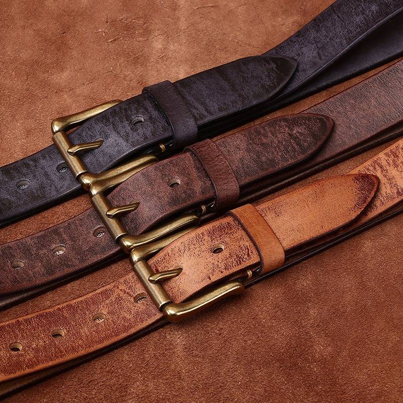 Dark brown men's jeans leather belt — buckle and strap
