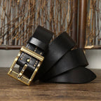 Black men's heavy duty leather belt — buckle detail