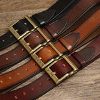 Brown men's heavy duty leather belt — texture detail