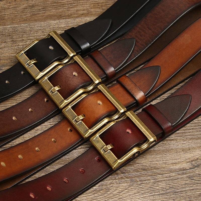Brown men's heavy duty leather belt — texture detail
