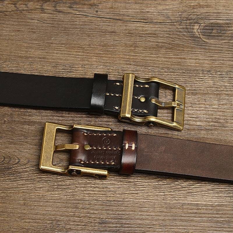 Brown men's heavy duty leather belt — coiled belt