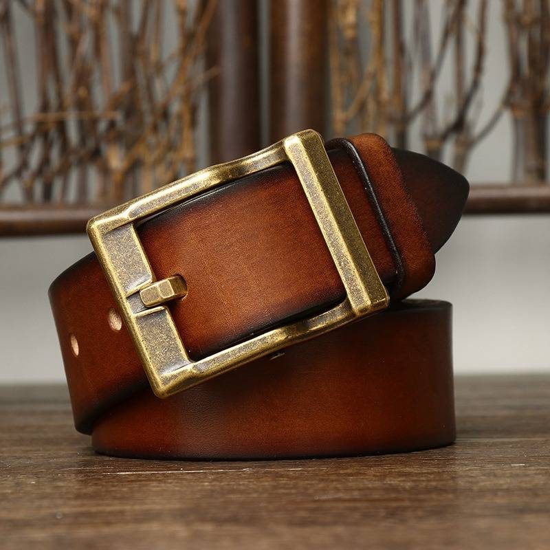 Brown men's heavy duty leather belt — buckle and strap