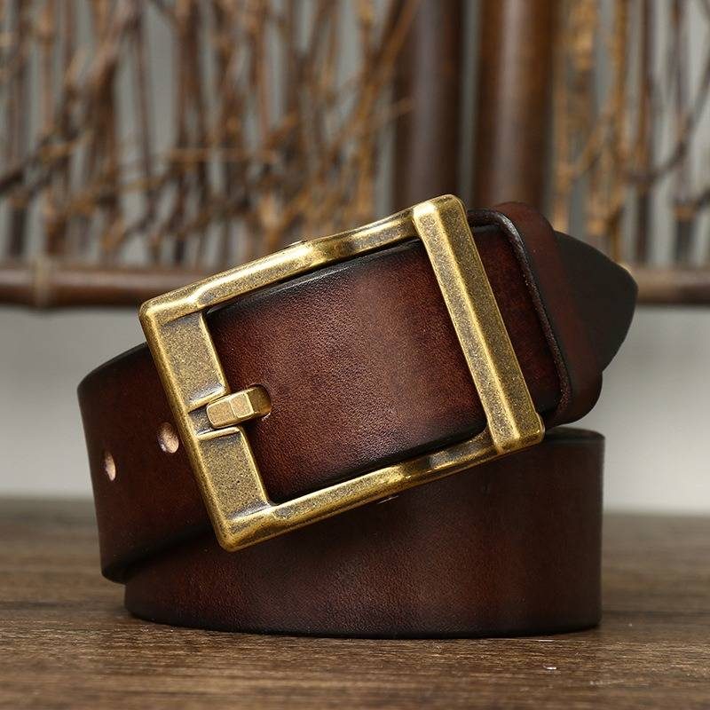 Dark brown men's heavy duty leather belt — studio shot