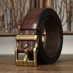 Dark brown men's heavy duty leather belt — buckle detail
