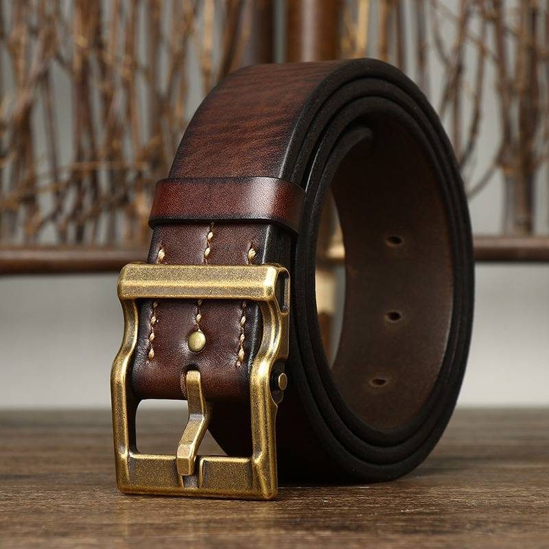 Dark brown men's heavy duty leather belt — buckle detail