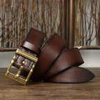Dark brown men's heavy duty leather belt — flat lay