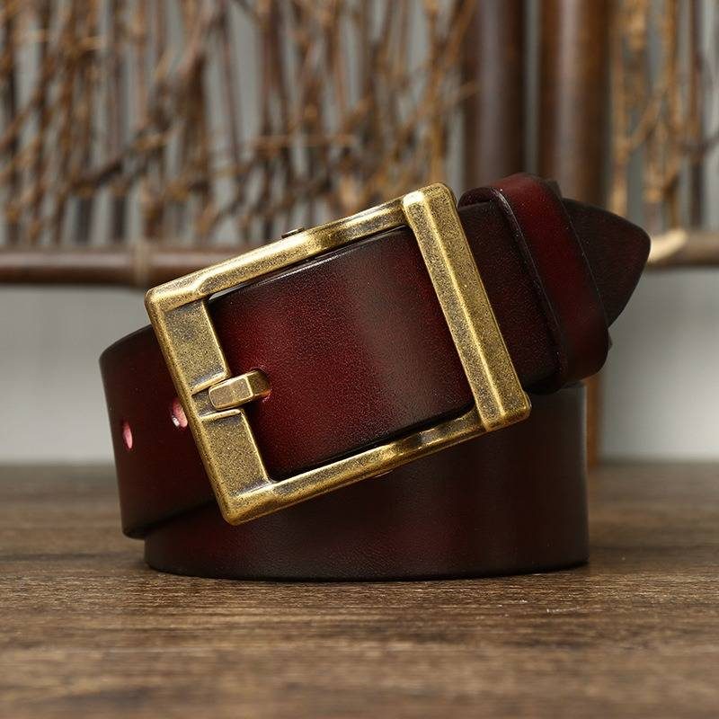 Red men's heavy duty leather belt — studio shot