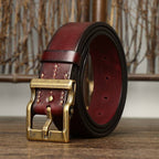 Red men's heavy duty leather belt — buckle detail
