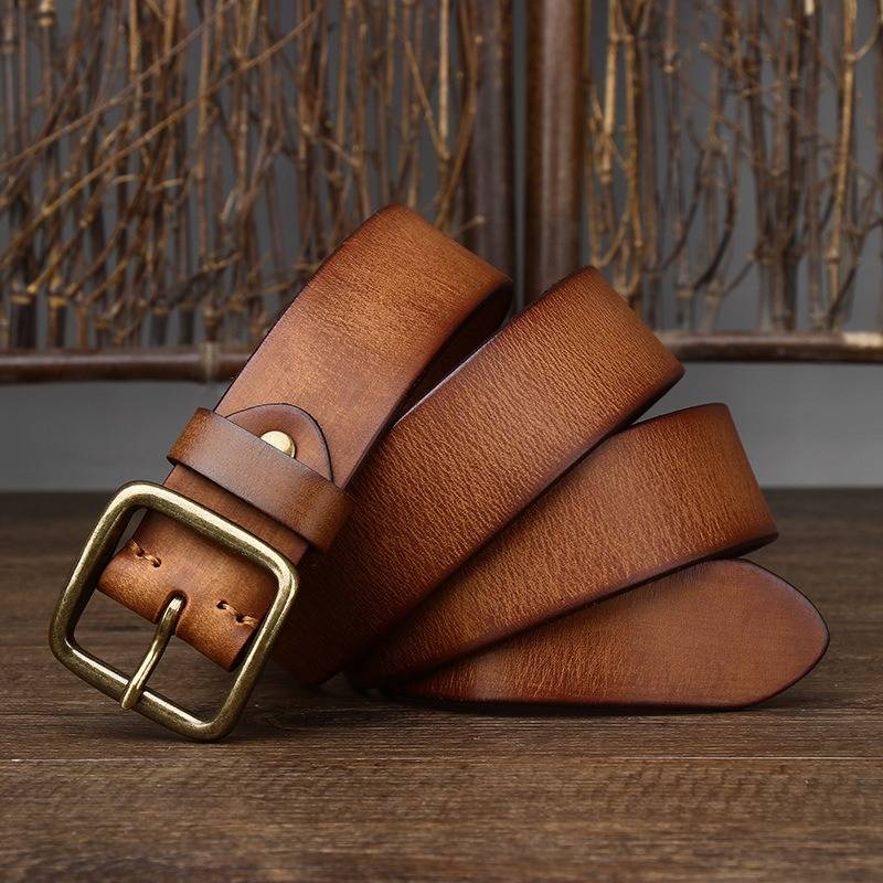 Brown men's jeans leather belt — buckle and strap