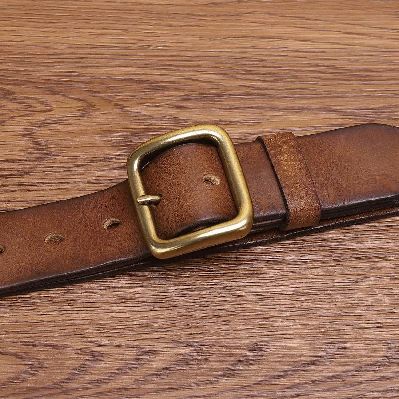 Brown men's jeans leather belt — worn on jeans