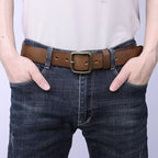 Brown men's jeans leather belt — studio shot