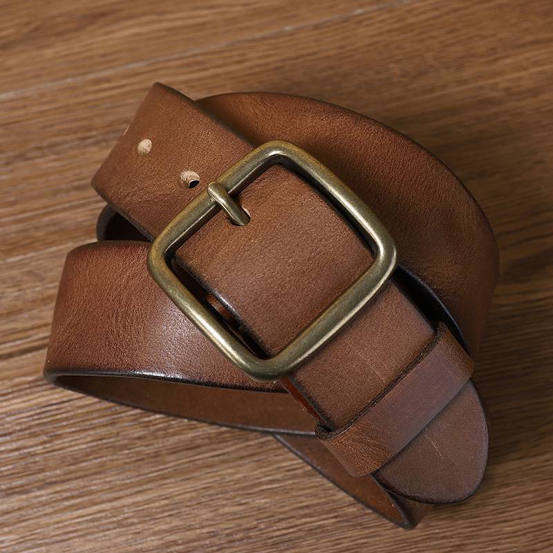 Brown men's jeans leather belt — buckle detail
