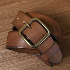 Brown men's jeans leather belt — buckle detail