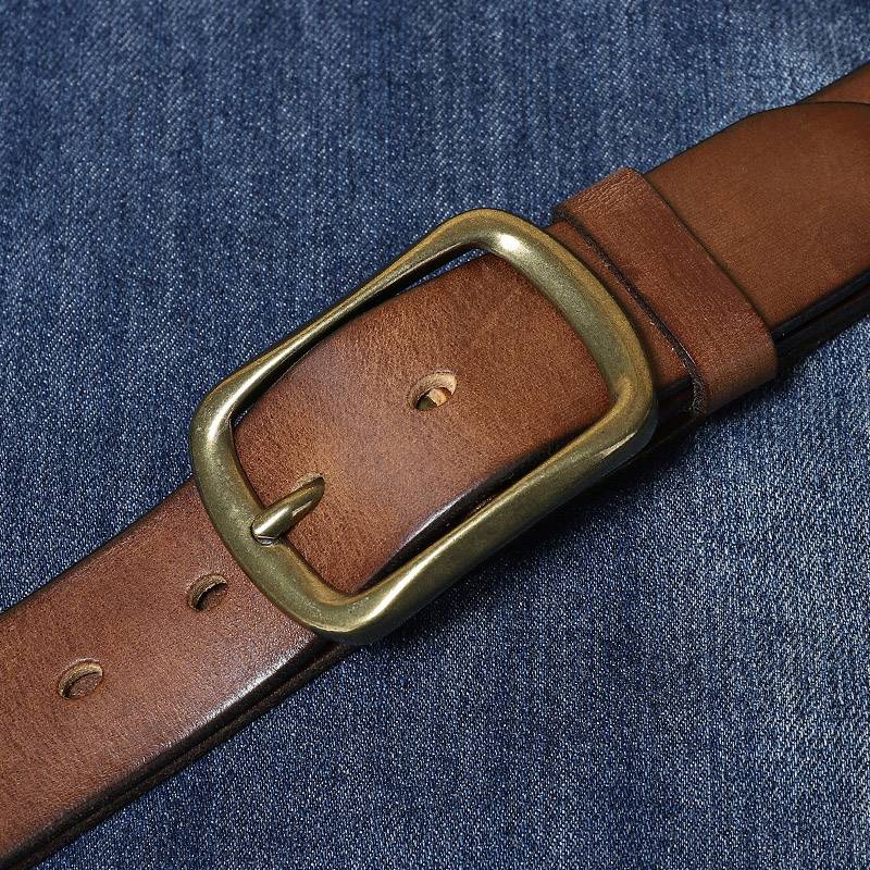 Brown men's jeans belt worn with denim