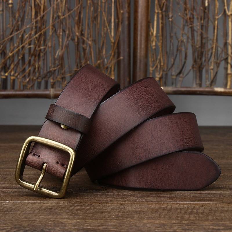 Dark brown men's jeans leather belt — studio shot