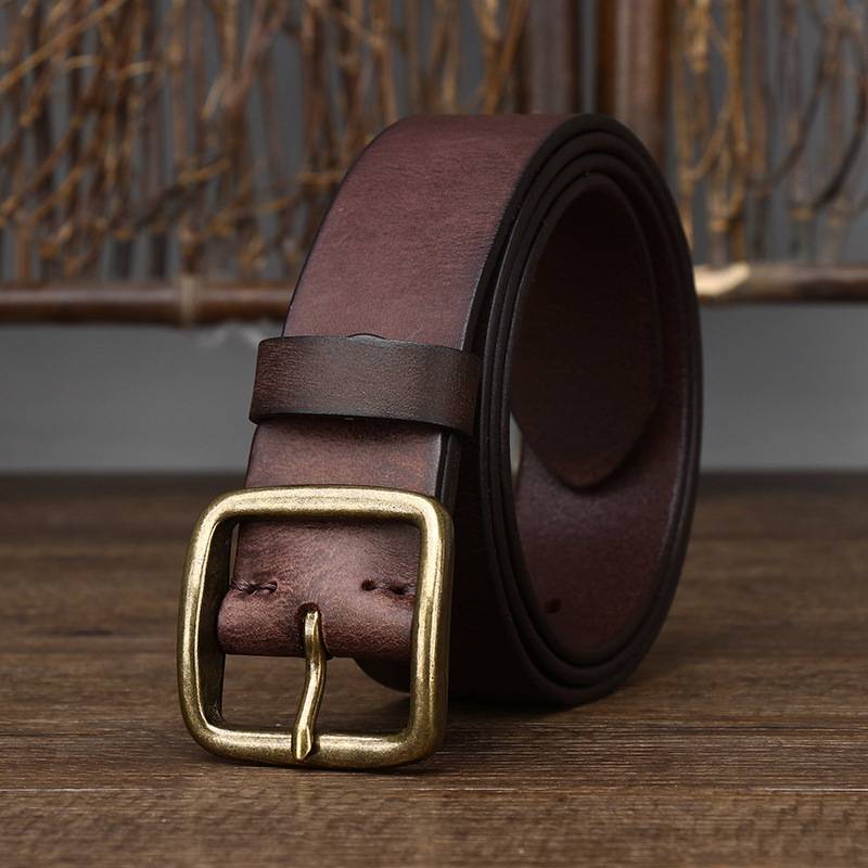 Dark brown men's jeans leather belt — buckle detail