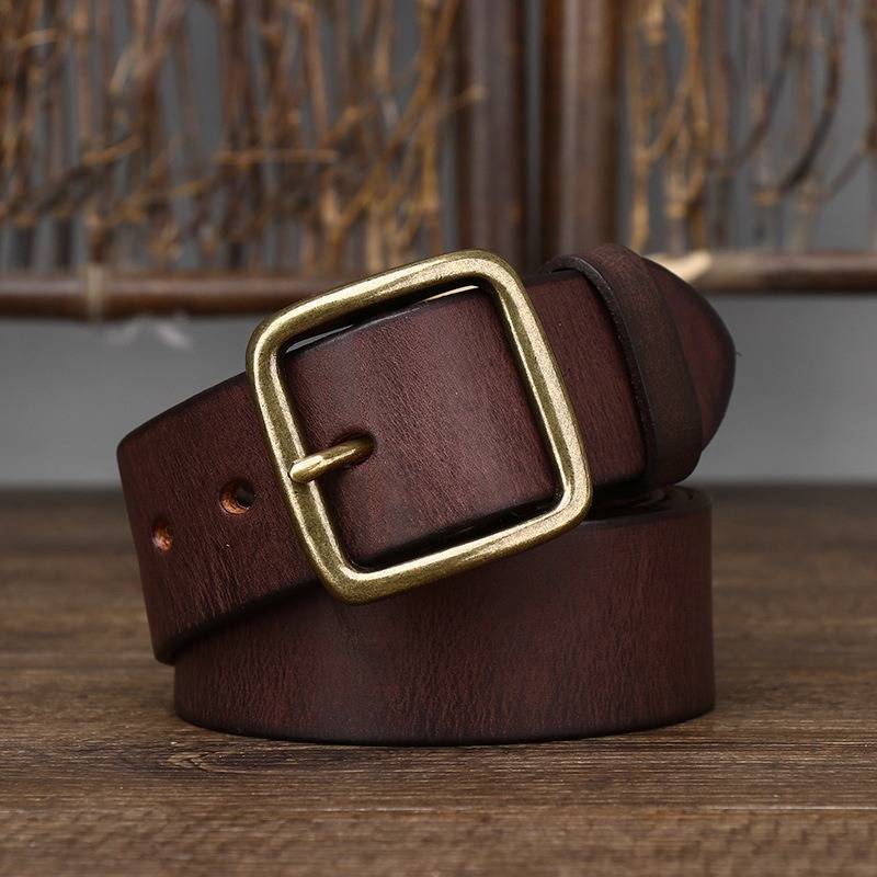 Dark brown men's jeans leather belt — flat lay
