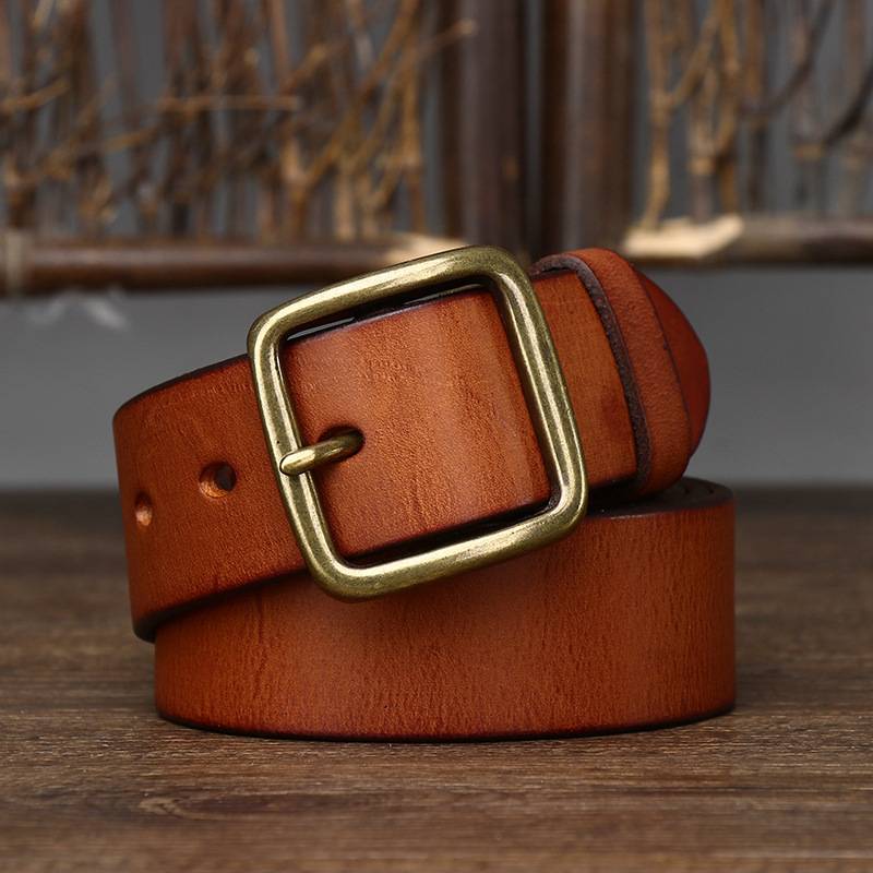 Orange-yellow men's jeans leather belt — buckle detail