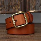 Orange-yellow men's jeans leather belt — buckle detail