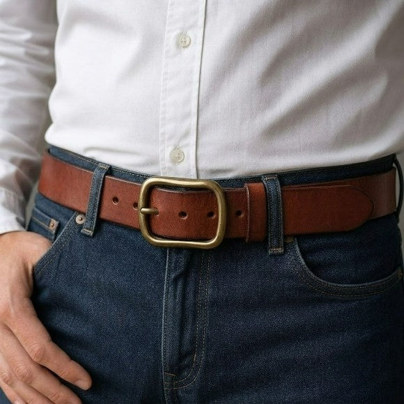 Red brown men's jeans belt worn, lifestyle