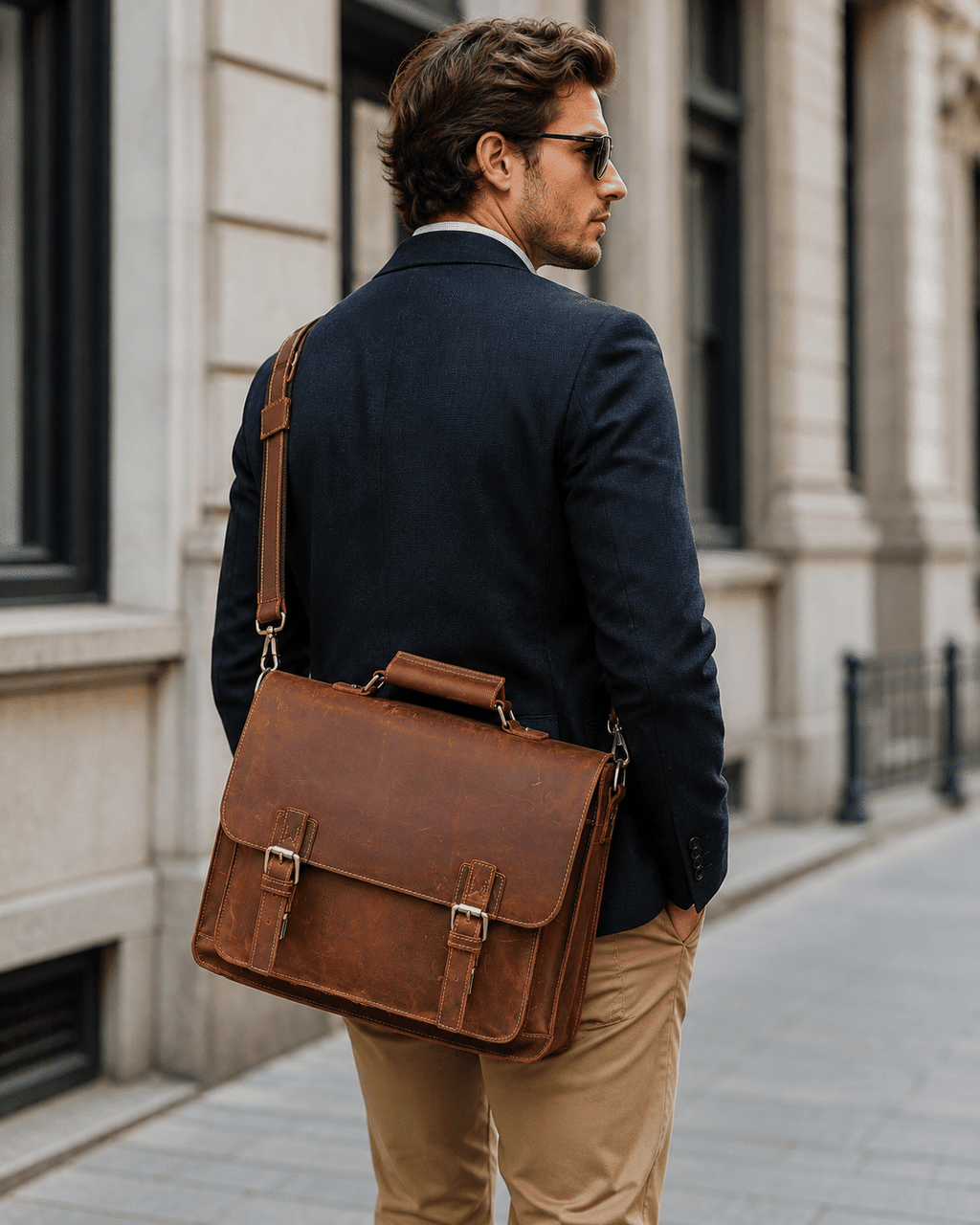 Brown men's attache case, buckle detail